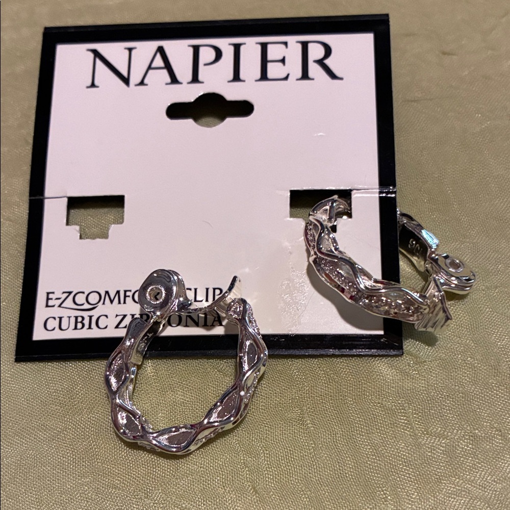 NWT- Napier Twisted Silver Cubic Zirconia Earrings- E-Z Comfort clip